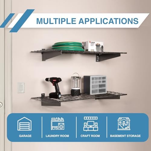 Hyloft 00630 2-Pack Heavy Duty Steel Wall Garage Shelving, 48-Inch X 24-Inch Wall Mounted Shelves for Garage Storage, Low-Profile Brackets, Max Shelf Load 150 Pounds, White Powder Coated Finish