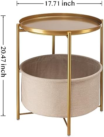 danpinera Gold Side Table with Basket, Small Round Table for Living Room | Metal Modern Nightstand for Small Space, Bedroom, Nursery, Accent Metal Stand with Removable Serving Tray, 20.47 in Tall