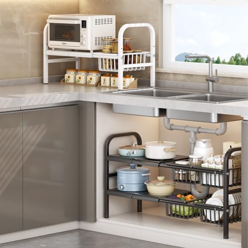 Under Sink Organizer，2 Tier Expandable Heavy Duty Metal Shelf，with 5 Removable Panels and 5 Storage Basket for Under Kitchen Bathroom Sink Organizers and Storage (White, X-Large)