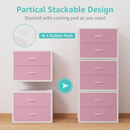 BOLUO Stackable Storage Drawers Closet Organizers and Storage Fabric White 2 Drawer Dresser for Bedroom Modern Pink