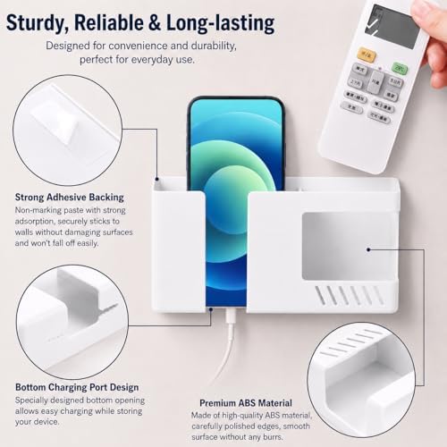 Strong Adhesive Wall Mount Phone Holder D3 Punch-Free Bedside Phone Shelf with Charging Port, Sticky Remote Control Storage Box, Bathroom & Kitchen Wall Organizer (White)