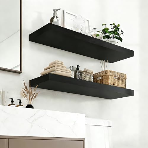 35.8"L Heavy Duty Solid Wood Core Floating Shelves, Black, Set of 2