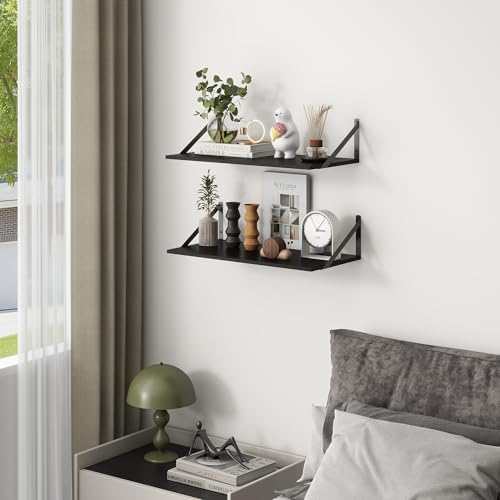 Deep Floating Shelves, 12 Inch Deep Floating Shelves for Wall, 24"W x 12"D Wall Shelves for Books, Rustic Black Wooden Shelves, Large Wide Display Shelf for Bathroom, Living Room, Bedroom, Set of 2