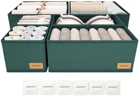 Dresser Drawer Organizer Clothes, 6 Pack Foldable Storage Boxes with Zipper, 600D Fabric, Green, Drawer Dividers for Underwear, Socks, Baby Clothes