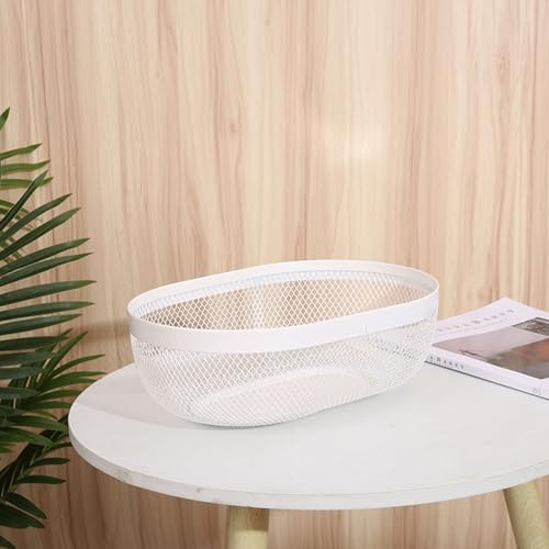 AJIODA Metal Mesh Steel Basket, Oval Metal Wire Storage Organizer Baskets Multi Functional Kitchen Baskets Countertop Fruit Baskets Garden Harvest Basket for Kitchen Picnic Decor Cabinet Home, White