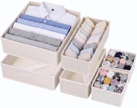 Drawer Organizer Clothes, 6 Pack Dresser Organizer Bins, Foldable Fabric Closet Organizers and Storage, Three Sizes Drawer Dividers for Baby Clothes, Underwear, Socks, Nursery, Bedroom, Khaki