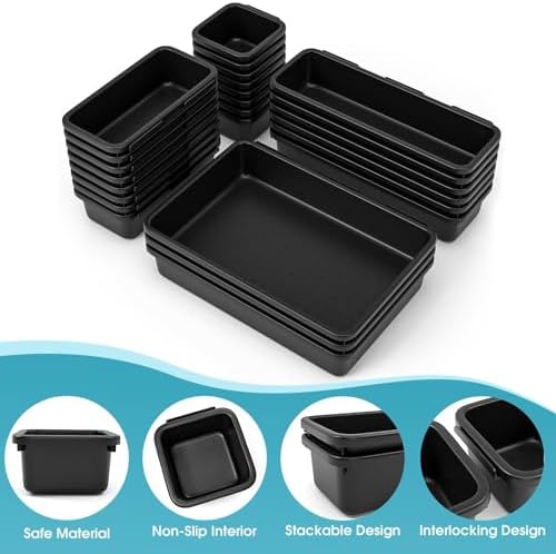 25 PCS Drawer Organizer Set, 4 Size Makeup Drawer Divider Organizer With Non-Slip Pads, Interlocking Plastic Storage Bins for Office,Jewelry Vanity,Gadgets, Bathroom,Kitchen, Black