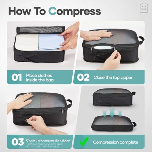Veken 10 Set Compression Packing Cubes for Travel Essentials,Compressible Expandable Large Luggage Organizer Bags for Clothing,Space Saver Bags with Over 1000 pcs of Mesh Holes(Black,Makeup Bag)