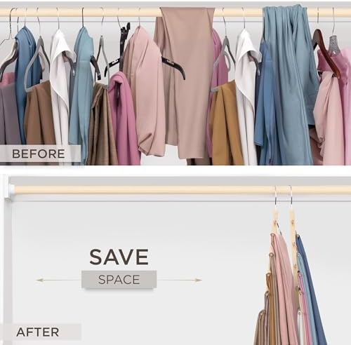 MORALVE Pants Hangers Space Saving - 4 Pack European Beechwood Scarf and Jean Hangers - Closet Organizer and Space Saver Pant Rack, Leggings Hanger, and Scarf Holder with 360° Swivel Hook