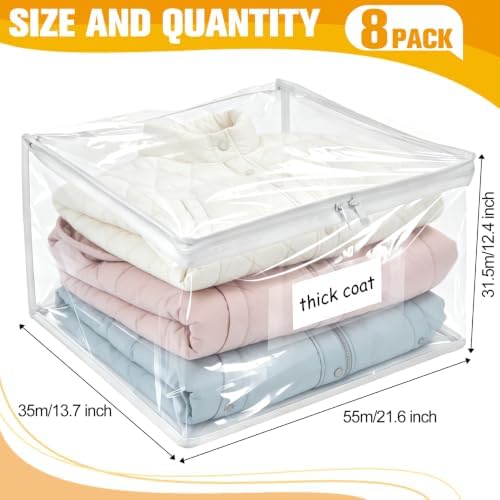 Plastic Storage Bags with Easy-Glide Zipper, Pack of 8, Durable Clear Vinyl Zippered Storage Bags for Clothes Sweaters Comforters Blankets Sheets Bedding (21.6 x 13.7 x 12.4 Inch, Transparent White)