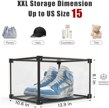 Magnetic Side Open Transparent Plastic Storage Shoe Box Clear Shoe Display Case Sneaker Shoe Storage Box Display Box Shoe Container Clear Closet Shelf Shoe Organizer (Black 4PC)