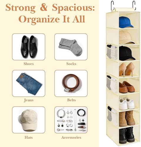Hanging Shoe Organizer for Closet with 8 Shelves,Mesh Pockets-Wider Hanging Shelves for Shoes,Clothes,Hats with Sturdy Bamboo-Supported Design (Beige)