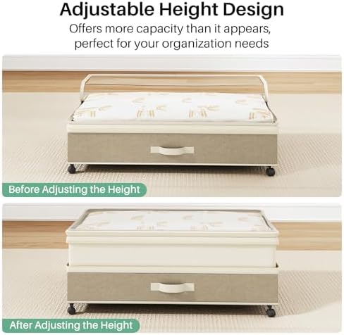 Kitstorack 2Pack Height-adjustable Under Bed Storage with Wheels, Under Bed Storage Containers,Under Bed Shoe Storage Organizer with Clear Window&Label, Suitable for Clothes Storage, Beige & Linen