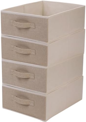 Decorative Storage Boxes for Organizing Clothes in a Dresser Collapsible Fabric Storage Bins Organizer Set with Handles for Bedding Clothes Toys Socks and More (4 Pack Beige)