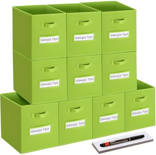 13x13 storage cube bins (Set of 10) Foldable Fabric storage cubes with 10 Labels Window Cards & a Pen,13 inch cube storage bins,Closet Organizers for Shelves,Cubby Organizer Boxes,lime green