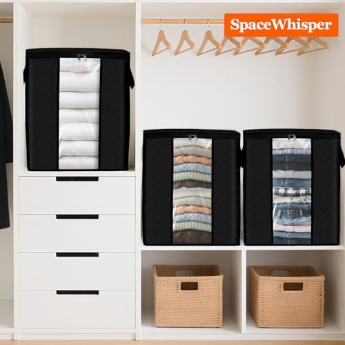 SpaceWhisper 3 Pack 100L Clothes Storage, Foldable Storage Bags, Black