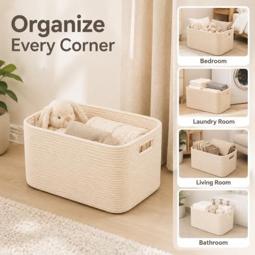 15.4GAL Woven Laundry Basket for Kids, Cute Boho Square storage basket for Living Room Decor, Baby Girls Boys Toys Stuffed Animal Decorative Short Hamper for Dirty Clothes, Bath Towel,Shoes Beige