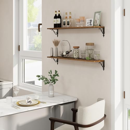 RICHFOCUS Floating Shelves for Wall Decor, 39.4W x 8D Shelves Set of 2, 8 Inch Deep Rustic Wood Shelves Wall Mounted with Brackets, Long Floating Shelves for Living Room Bedroom Kitchen, Rustic Brown
