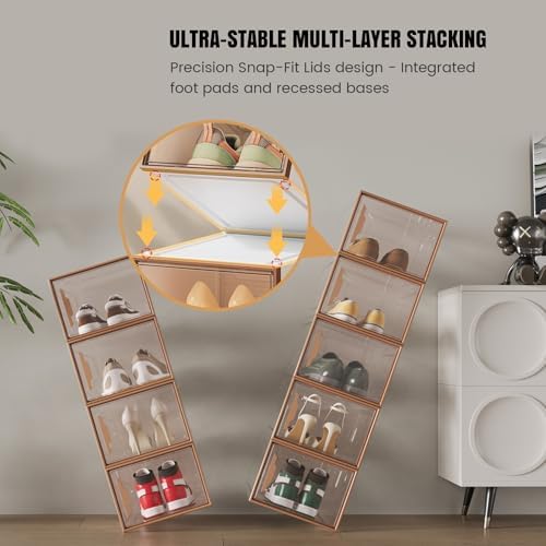 6 Pack Shoe Storage Box Organizer, Clear Thicken Stackable Plastic Shoe Boxes with Magnetic Door, Sturdy Shoe Containers for Sneakers Boots, Easy to Assemble, Fit up to US Size 12(13.2"×10.6"×7.5")