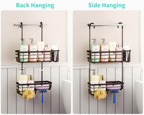 HapiRm Hanging Shower Caddy Organizer - No Drilling Shower Shelves with Hooks and Toothbrush Holder, Rustproof 304 Stainless Steel Bathroom Organizer - Bronze