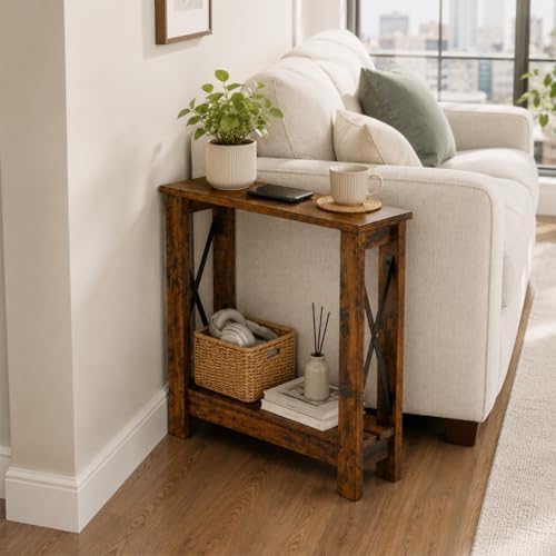 Slim Side Table, 6.6 Inch Ultra Narrow End Table, Rustic Brown