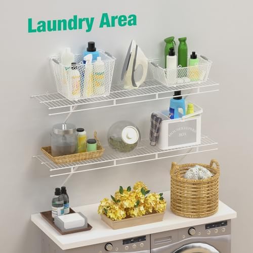 HAUSHOF 2 Pack Closet Shelves Wall Mounted, 4 ft x 12 in Wire Shelf Kit | White Wire Closet Shelving for Closet, Laundry Room, Bedroom, Living Room, Pantry Organization and Storage