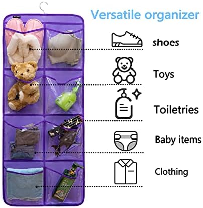 Dual-Sided Hanging Closet Organizer for Socks Underwear Bra Kids Storage Organizer for Baby Clothes Toddler Shoes with 26 Pockets (Purple-Clear Pockets)