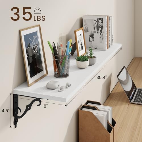 RICHFOCUS Floating Shelves for Wall Decor, 35.4W x 8D Shelves Set of 2, 8 Inch Deep Rustic Wood Shelves Wall Mounted with Brackets, Long Floating Shelves for Living Room Bedroom Kitchen, White