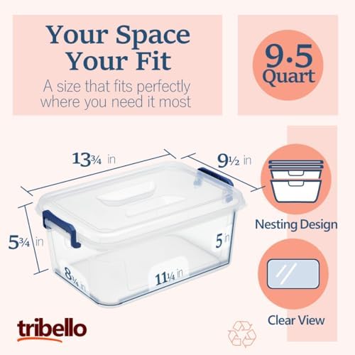 Tribello Clear Storage Bins with Lids, 6-Pack Stackable Plastic Storage Containers for Home Organization – Clear Totes for Closet and Underbed Storage, 9.5