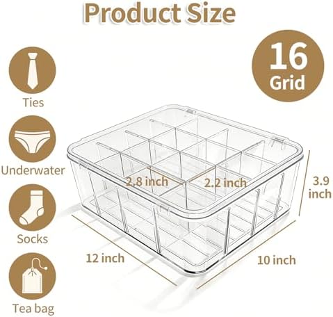 Socks Underwear Drawer Organizer, 16 Compartment Clear Plastic Storage Box with Lid & Adjustable Dividers, Tie Box, Tea Bag Organizer, Acrylic Organizer Box (12x10x3.9 Inch)