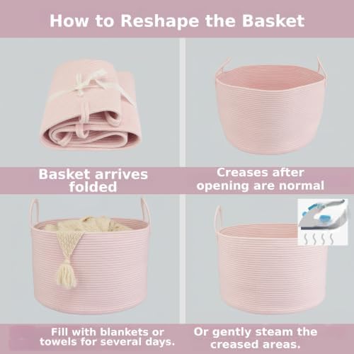 XUANGUO 66L Large Blanket Basket, Round Cotton Rope Basket, Light Pink