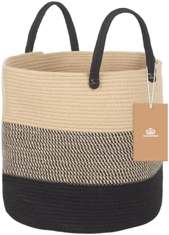 ShellKingdom Laundry Basket, Natural Rope Woven Storage Basket with Handles for Home, Living Room, Laundry, Storage Organizer for Blankets, Clothes, Plant, Toys, 15.7 x 13.8 INCH (3-Toned Khaki Black)