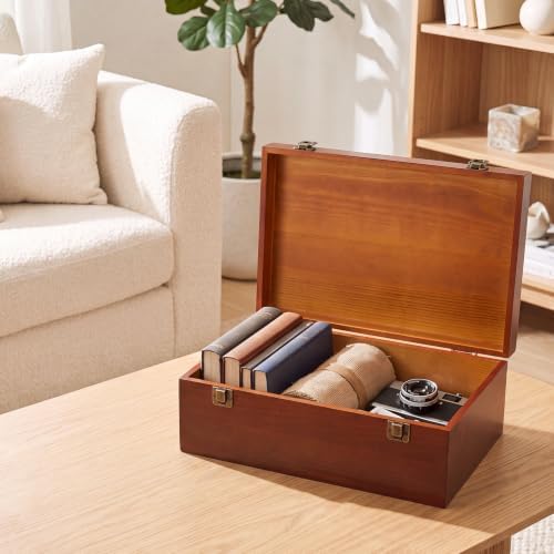 Sliner 1 Pcs Wooden Decorative Storage Boxes with Lids Vintage Wood Organizer Bins for Your Bookshelf Home Decor Safely Store Photos Documents Memory Jewelry Craft Storage (Warm Brown,M Size)