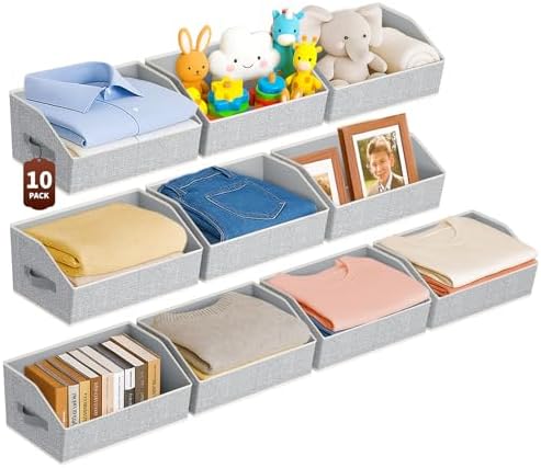 Homsorout Large Closet Organizers and Storage Bins - 10 Pack Trapezoid Storage Baskets for Shelves, Foldable Fabric Baskets with Handles Ideal for Closet, Basket, Wardrobe and Shelf Storage,Light Grey