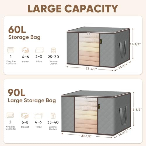 BALEINE 6 Pack Clothes Storage Bags, 16 Gallon Storage Containers with Reinforced Handle, Sturdy Zipper, Closet Organizer for Blanket, Comforter, Pillow, Bedding (Grey, 6 Pack)