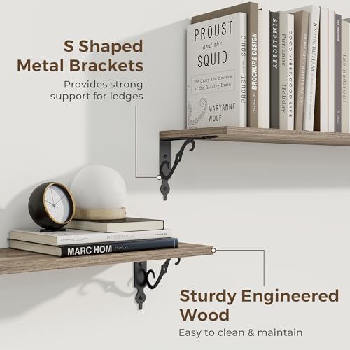 RICHFOCUS Floating Shelves for Wall Decor, 8 Inch Deep Shelves Set of 2, 16W x 8D Floating Shelves Wall Mounted with Metal Brackets, Rustic Wood Shelves for Living Room Bedroom Kitchen, Grey