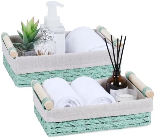 Wicker Storage Basket with Wooden Handle – Paper Rope Decorative Toilet Paper Baskets & Bathroom Organizer for Toilet Tank Top, Shelves, Bedroom, Countertop,Home,Office Storage Bins, 2 Pack,Mint Green