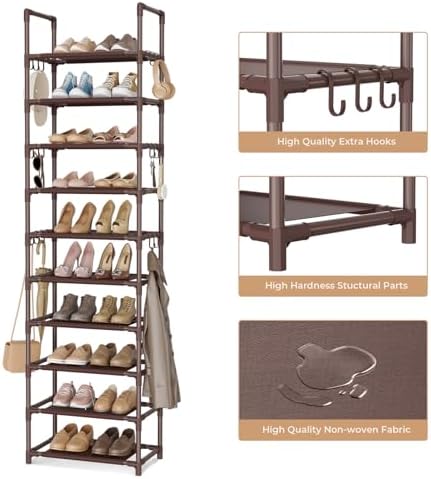 VTRIN 10 Tiers Tall Shoe Rack Holds 20-25 Pairs of Shoes Sturdy Vertical Shoe Organizer with 18pcs Hooks Stackable Narrow Shoe Rack for Closet, Entryway Brown