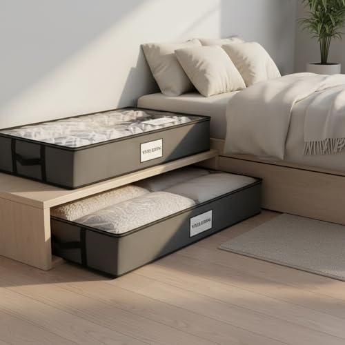 Under Bed Storage Bag with Handles, Foldable Polyester Container for Clothes & Bedding, Low Profile 39.4 x 19.7 x 5.9 Inches, Dark Gray