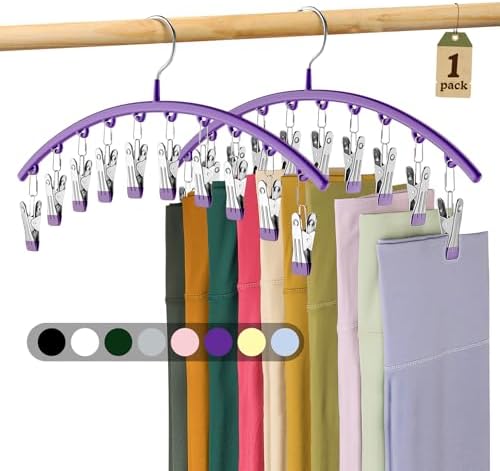 Volnamal Legging Organizer for Closet,1 Pack Metal Yoga Pants Hanger-Purple | Clothes Hanger w/10 Clips Hold 10 Leggings,Space Saving Hanging Closet Organizer College Dorm Essentials Apartment Essential