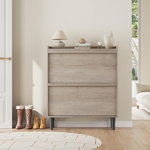 GarveeHome Shoe Cabinet with 2 Flip Drawers, Wooden Shoe Organizer Cabinet with Adjustable Shelf, Shoe Storage for Entryway, Hidden Shoe Cabinet for Hallway, Living Room, Grey