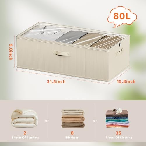 10inch 3 Pack Under Bed Storage Containers, 10 Inch Tall Underbed Clothes Storage Organizer Bin with Clear Window，Foldable Box Basket for Clothes, Closet, Bed Sheets and Blankets Beige