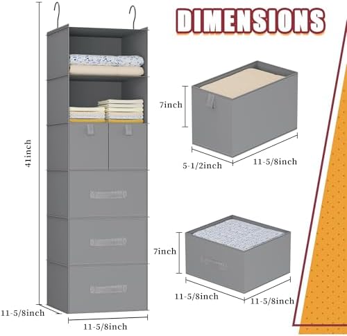 6-Shelf Hanging Closet Organizer with 5 Drawers, Non-Woven Storage, Gray | Spacious compartments sort clothes & undergarments; foldable drawers add hidden storage for closets, wardrobes or RVs.