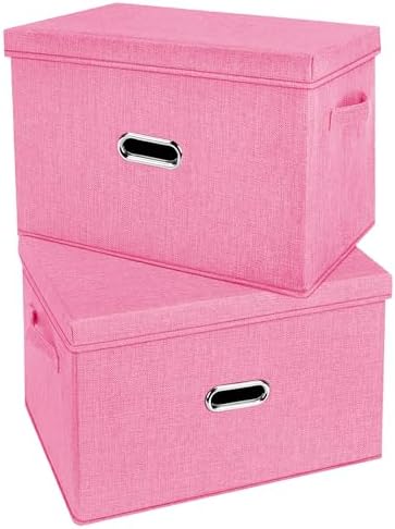Large Linen Fabric Foldable Storage Bins with Removable Lid and Handles, Washable Storage Box Organizer Containers Baskets Cube with Cover for Bedroom,Office(Pink, Medium(2-Pack))