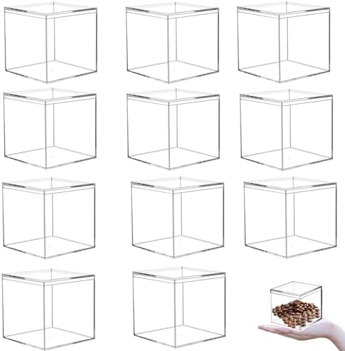 KissYou Acrylic Box 12 Packs Clear Boxes with Lids Plastic Square Cube for Display Small Storage Boxes Birthday Graduation Party Favor Candy Boxes