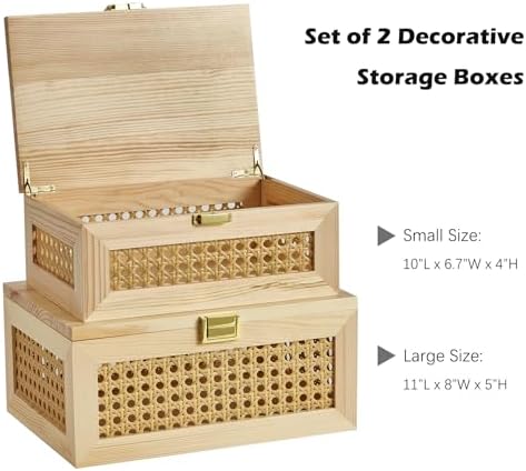 2PCS Decorative Rattan Storage Box Basket with Lid Wooden Frame