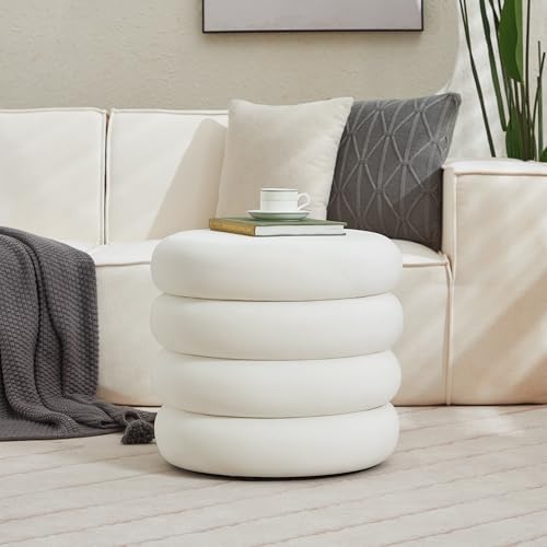 Round Velvet Storage Ottoman with Removable Lid, Small Tufted Vanity Stool for Dorm, Modern Compact Footrest for Bedroom Entryway Lounge, White