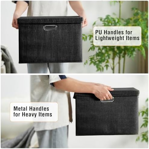 Roobyl 17" Large Fabric Storage Box with Lids, 3-Pack, Black