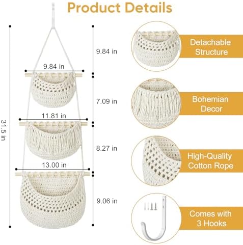 Macrame 3-Tier Hanging Wall Basket, Handwoven Jute Storage Organizer, Boho Decor for Kitchen, Bathroom, Living Room, Natural Cotton Rope Fruit Holder (Gray&White)