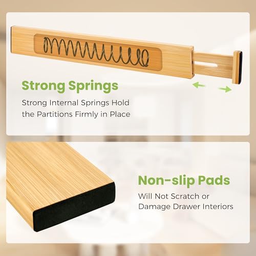 Fyvva Drawer Organizer, Spring-Loaded Expandable Bamboo Dividers 8-Pack | Large Kitchen Drawer Organizer, Adjustable 16.9 to 22.2 in, 2.3in High Non Slip for Kitchen Clothes Bathroom Office Natural